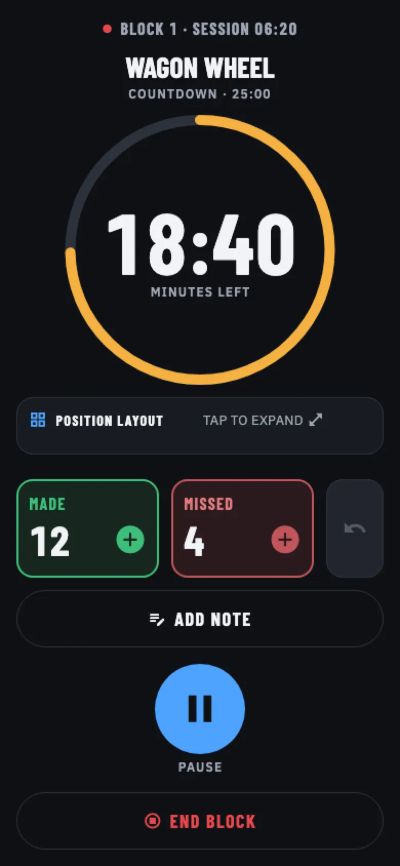 Active block: countdown timer with made and missed tallies